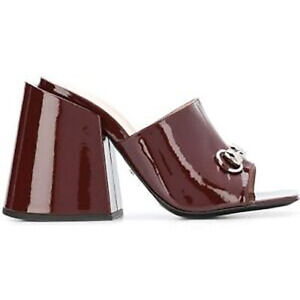 Gucci Lexi 105 Red Bordeaux Patent Backless Sandal Mule Block Heel Pump 36.5